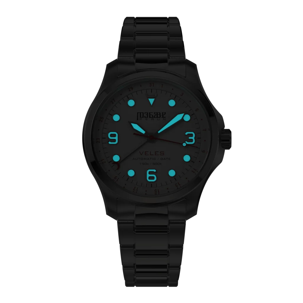 Veles Pearl White in the dark, its Super‑LumiNova® glowing blue