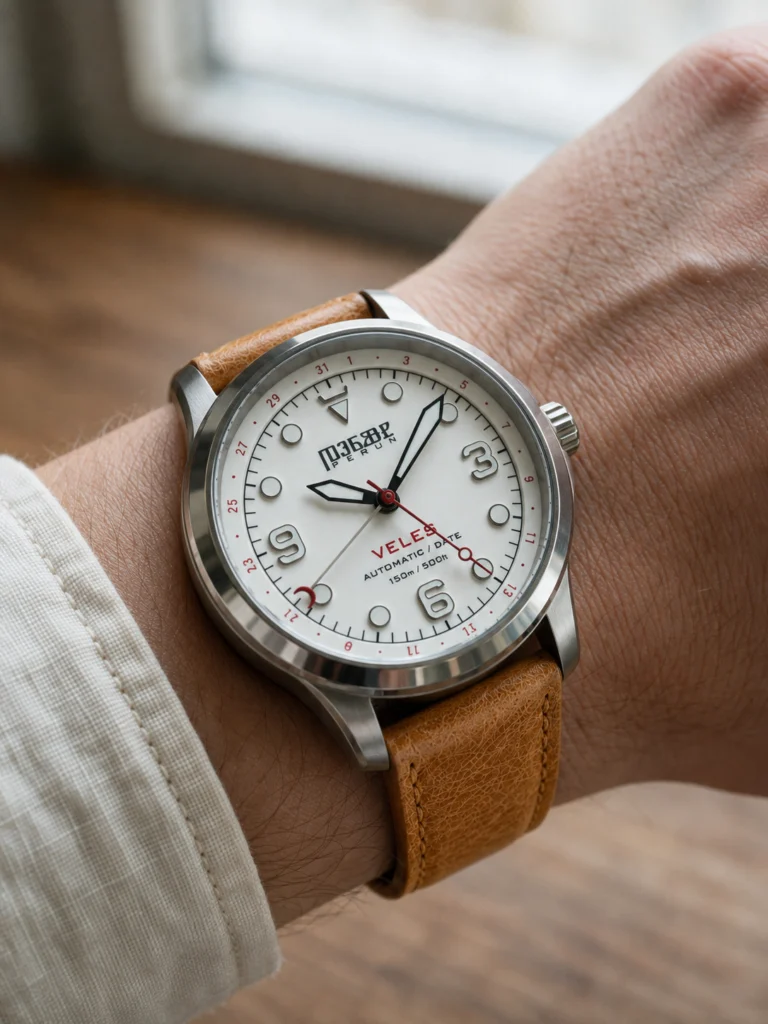 Veles Pearl White on the wrist, on a cognac leather strap
