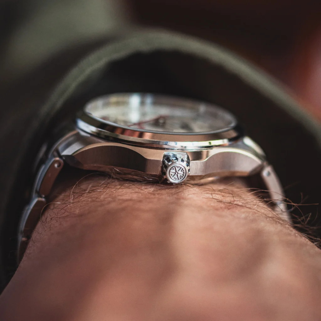 Veles Pearl White on the wrist, seen from the side