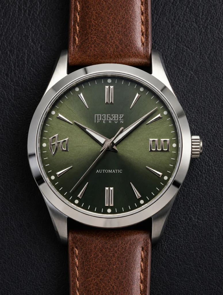Knez Gaj, olive green sunburst dial on a brown leather strap