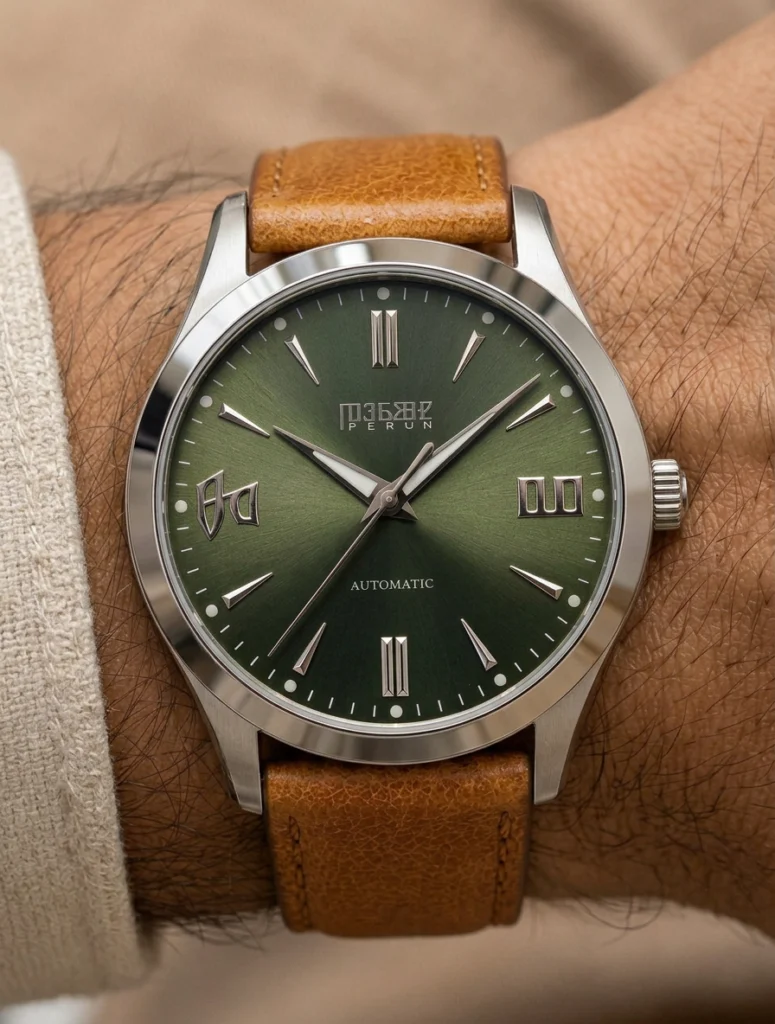 Knez Gaj, olive green sunburst dial on a cognac leather strap