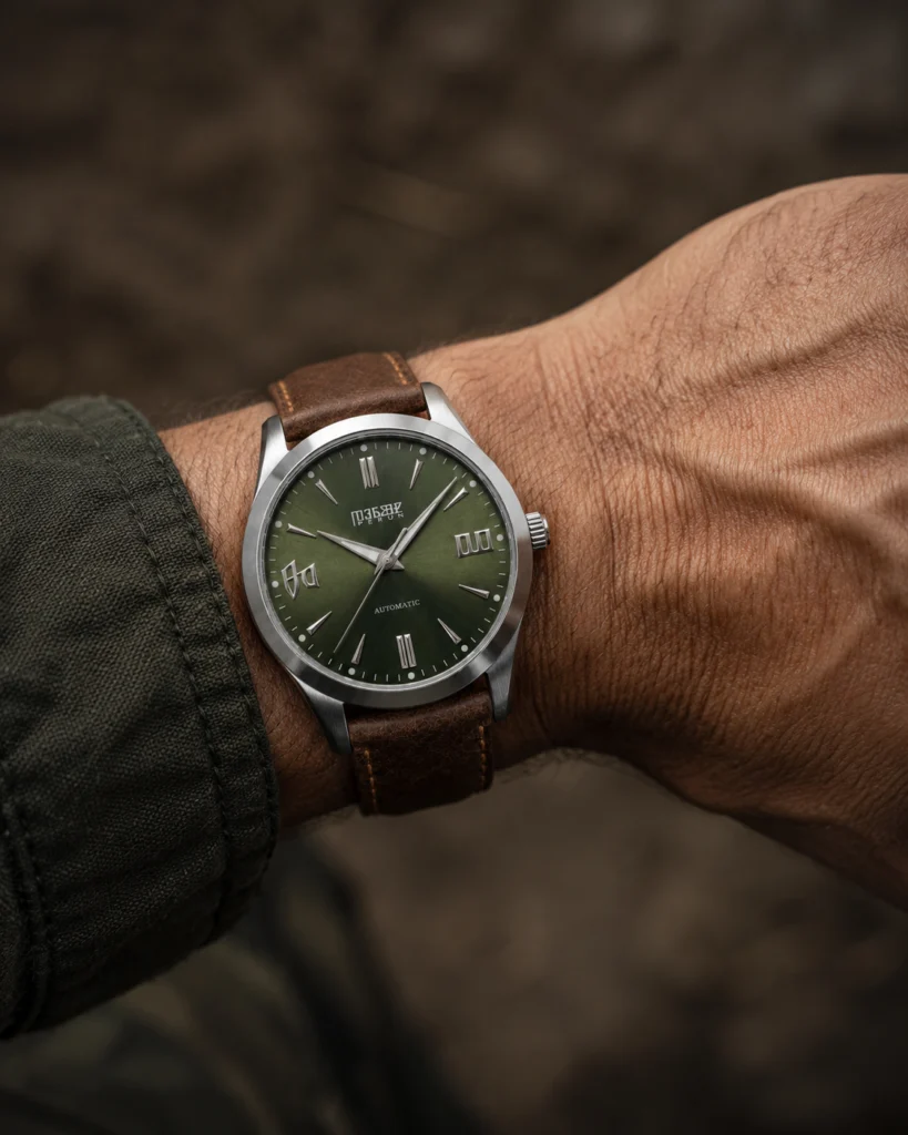 Knez Gaj on the wrist, on a brown leather strap