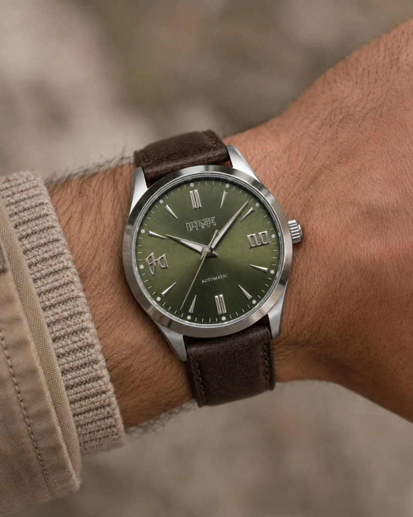 Knez Gaj on the wrist, on a deep brown leather strap