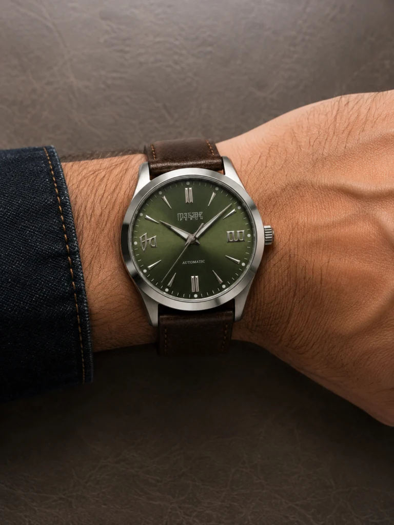 Knez Gaj on the wrist, on a deep brown leather strap