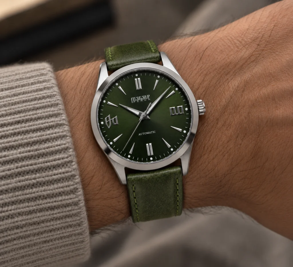 Knez Gaj on the wrist, on a moss green leather strap