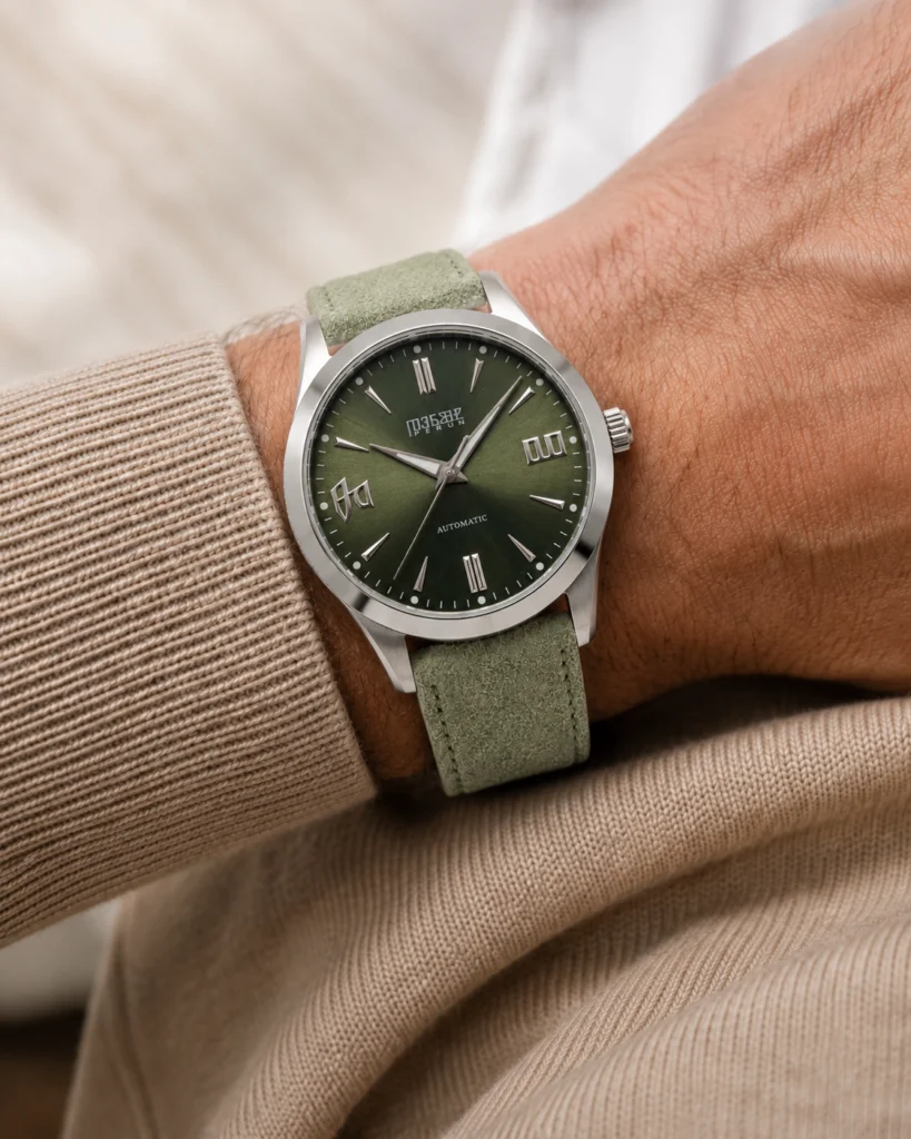 Knez Gaj on the wrist, on a sage suede strap