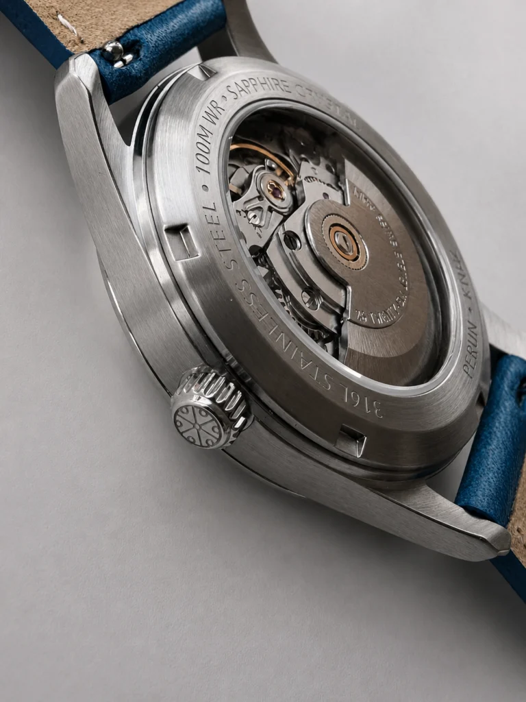Knez Mraz sapphire caseback with the Swiss automatic movement in view