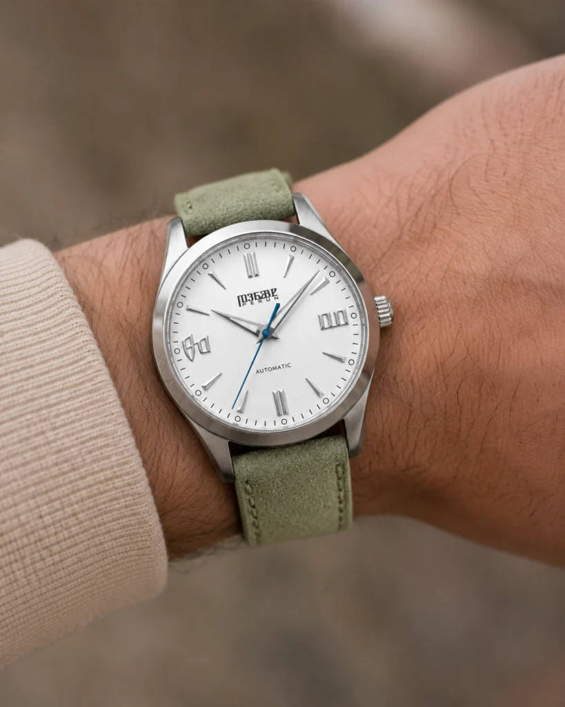 Knez Mraz on the wrist, on a sage suede strap