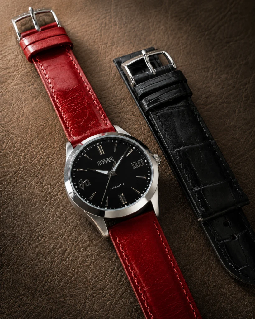 Knez Ponor laid out with crimson and black croco leather straps