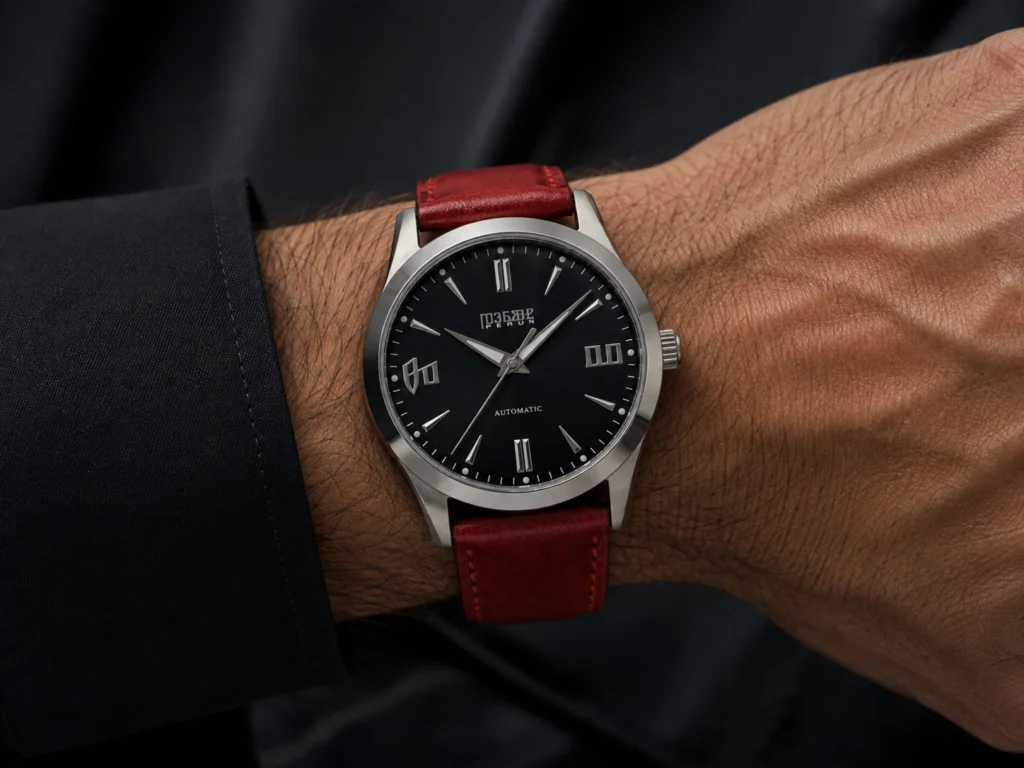 Knez Ponor on the wrist, on a crimson leather strap