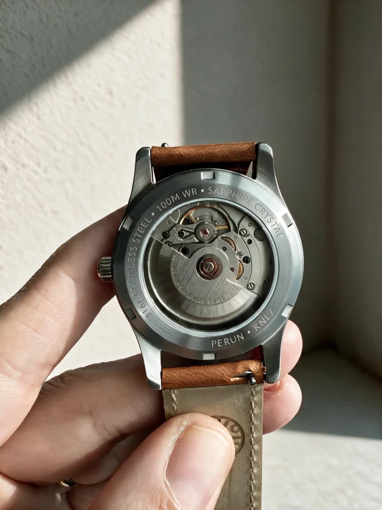 Knez sapphire caseback held in the hand, the Swiss automatic movement in view
