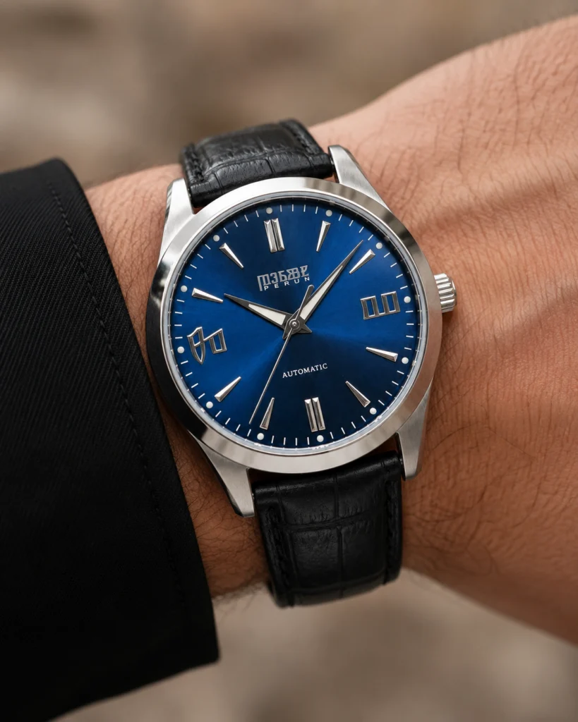 Knez Vir on the wrist, on a black croco leather strap