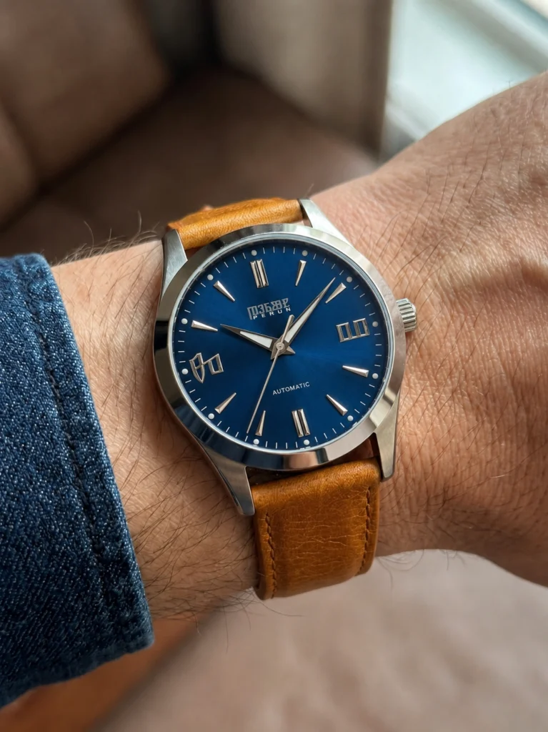 Knez Vir on the wrist, on a cognac leather strap