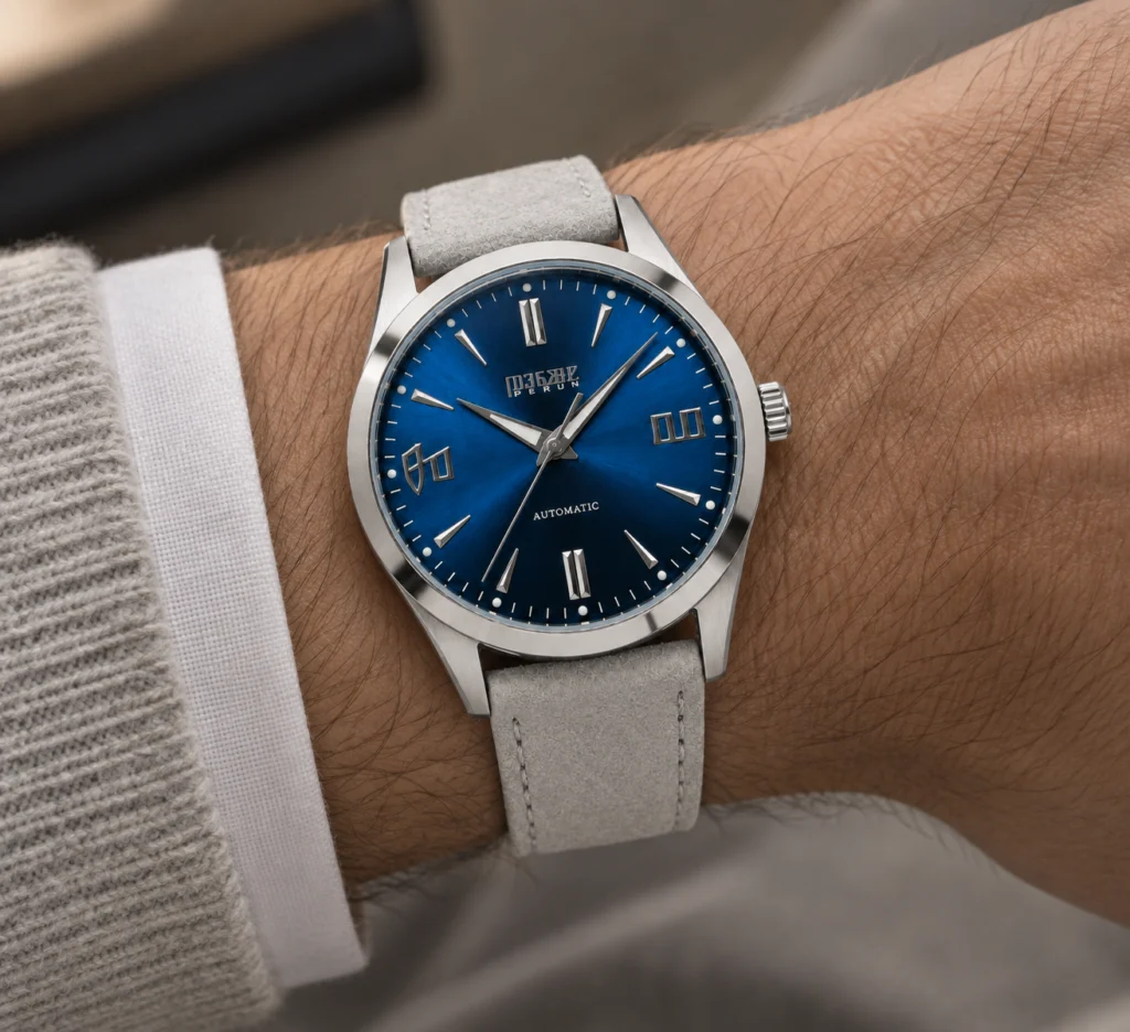 Knez Vir on the wrist, on a light grey suede strap