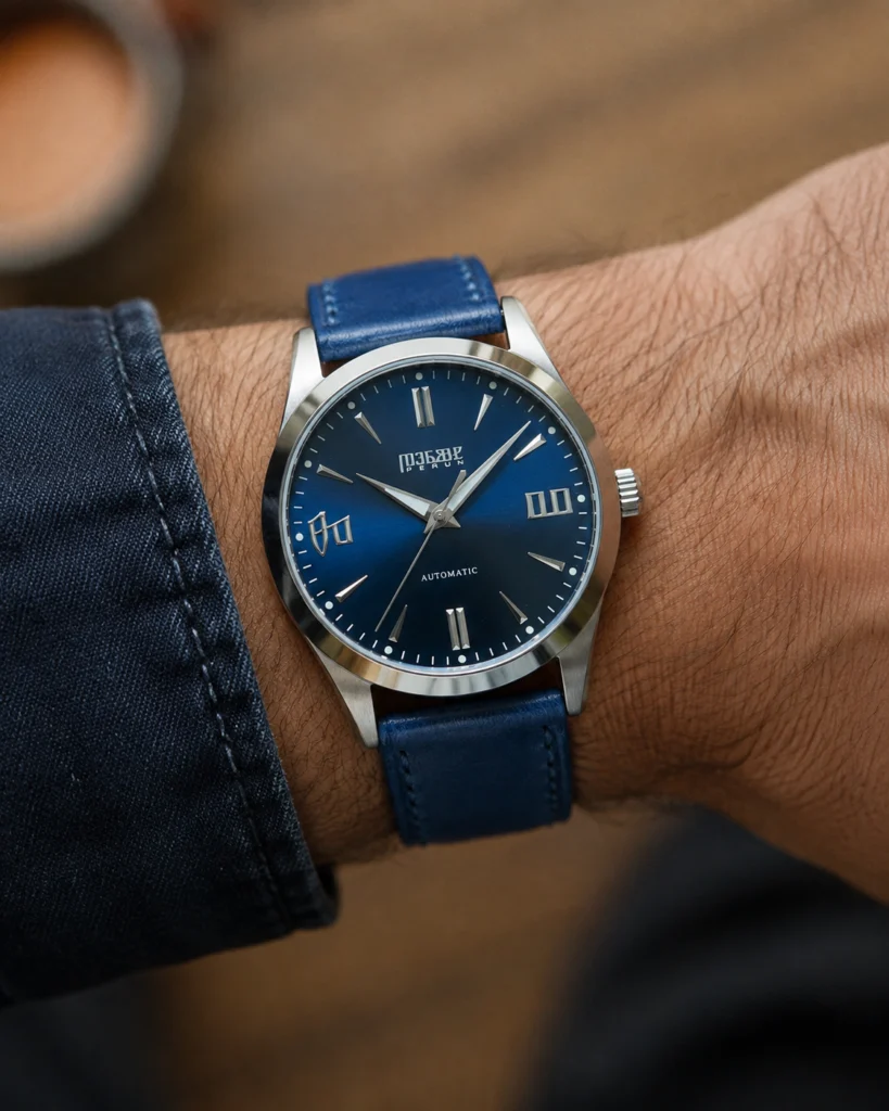 Knez Vir on the wrist, on a marine blue leather strap