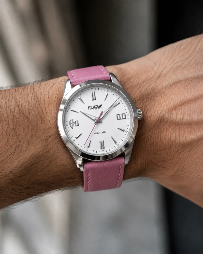 Knez Zora on the wrist, on a pink leather strap