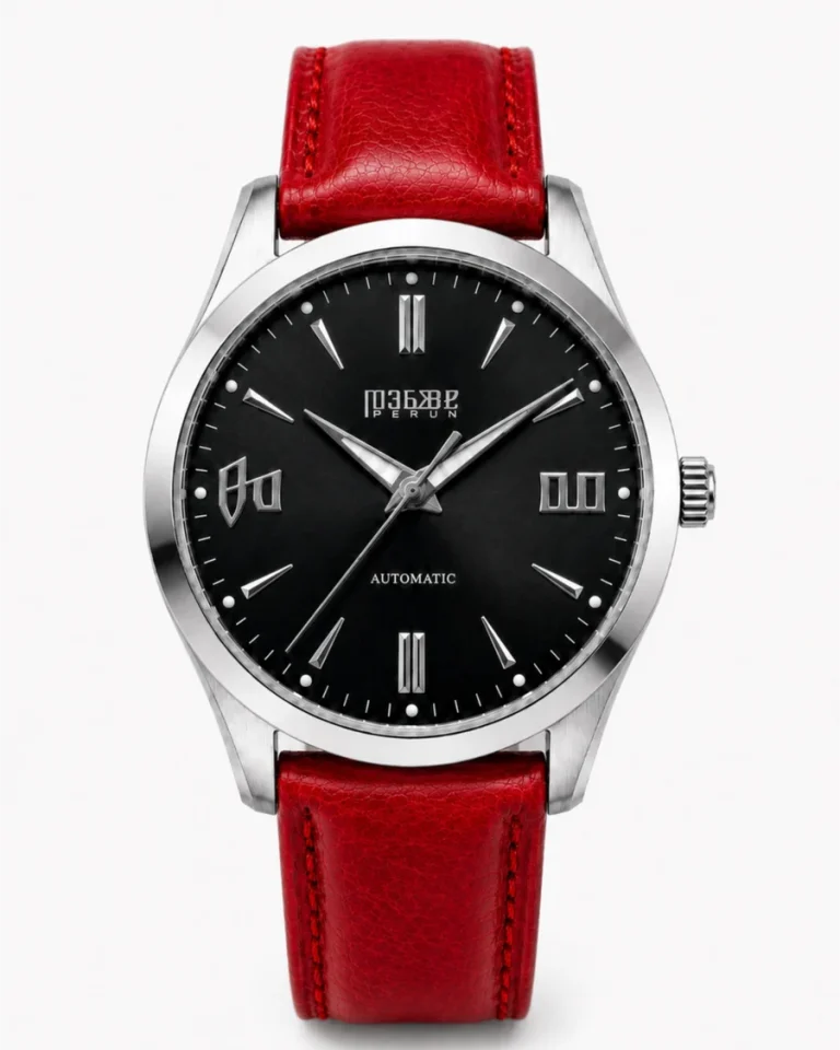 Knez Ponor, black dial on a crimson leather strap