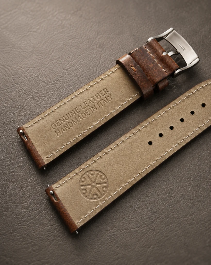 The nubuck lining of a Perun strap, stamped with the thunder mark