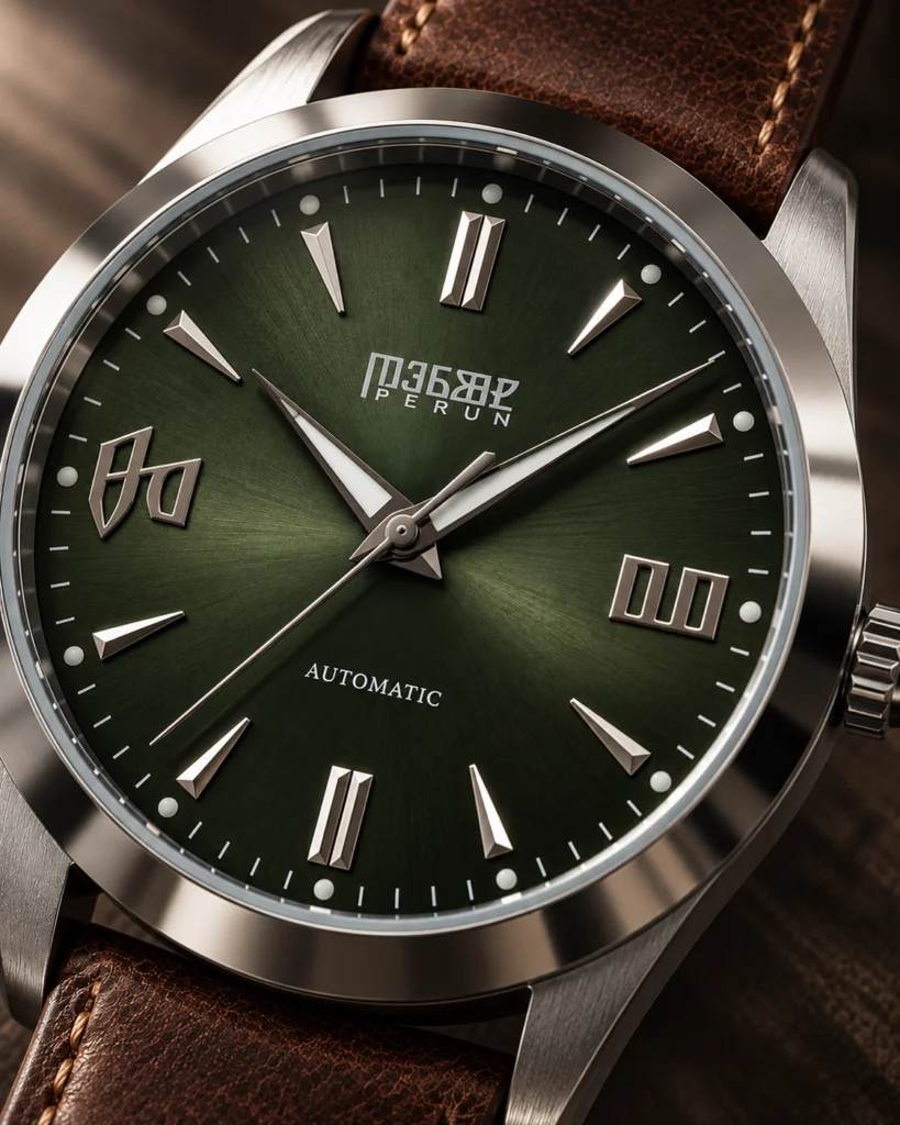 Close-up of the Knez Gaj olive green sunburst dial