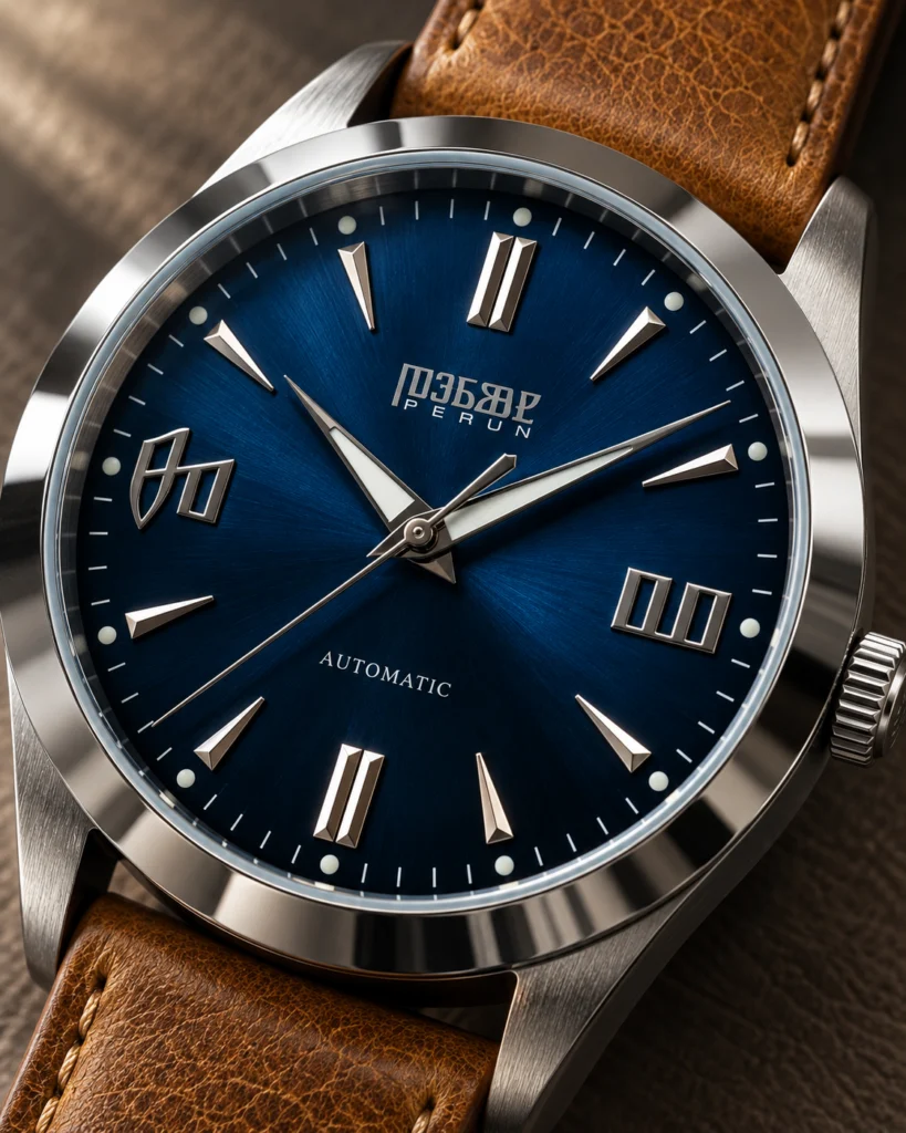 Close-up of the Knez Vir blue sunburst dial
