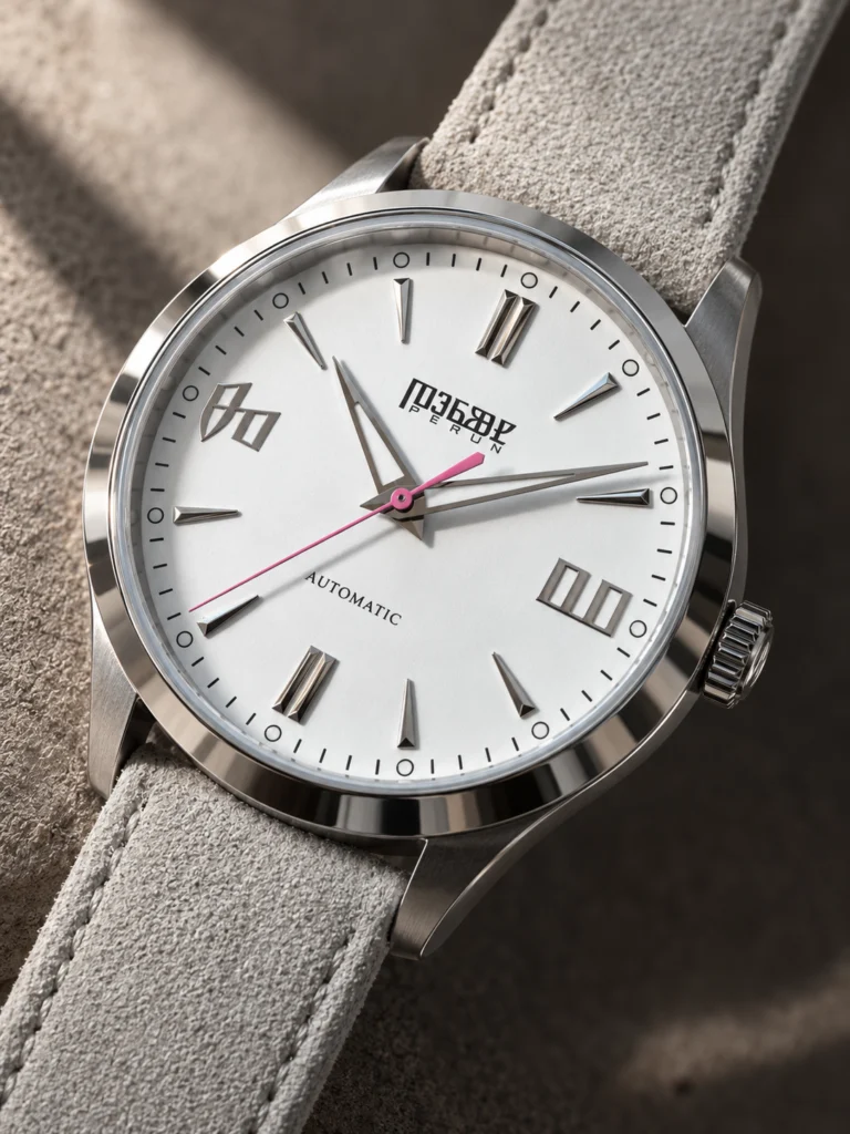 Close-up of the Knez Zora white sunburst dial and pink seconds hand