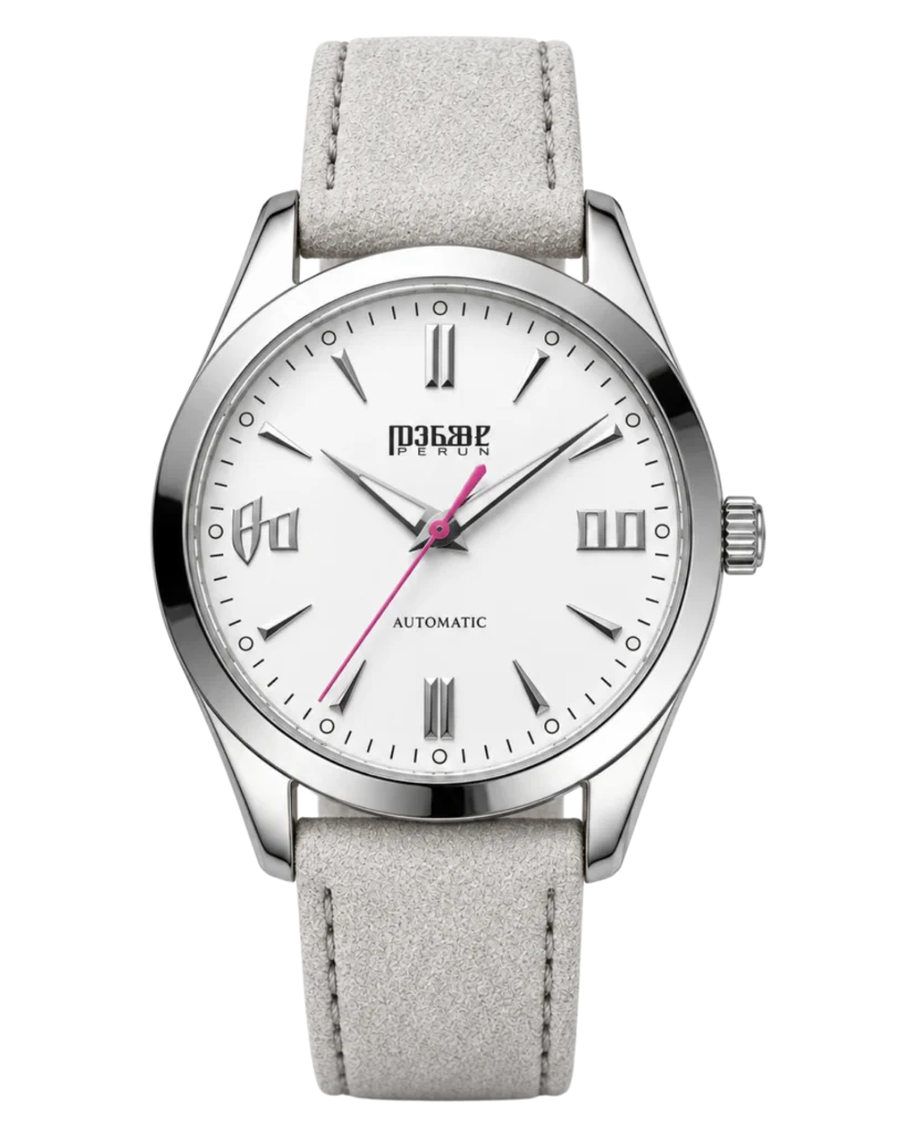 Knez Zora, white sunburst dial on a light grey suede strap