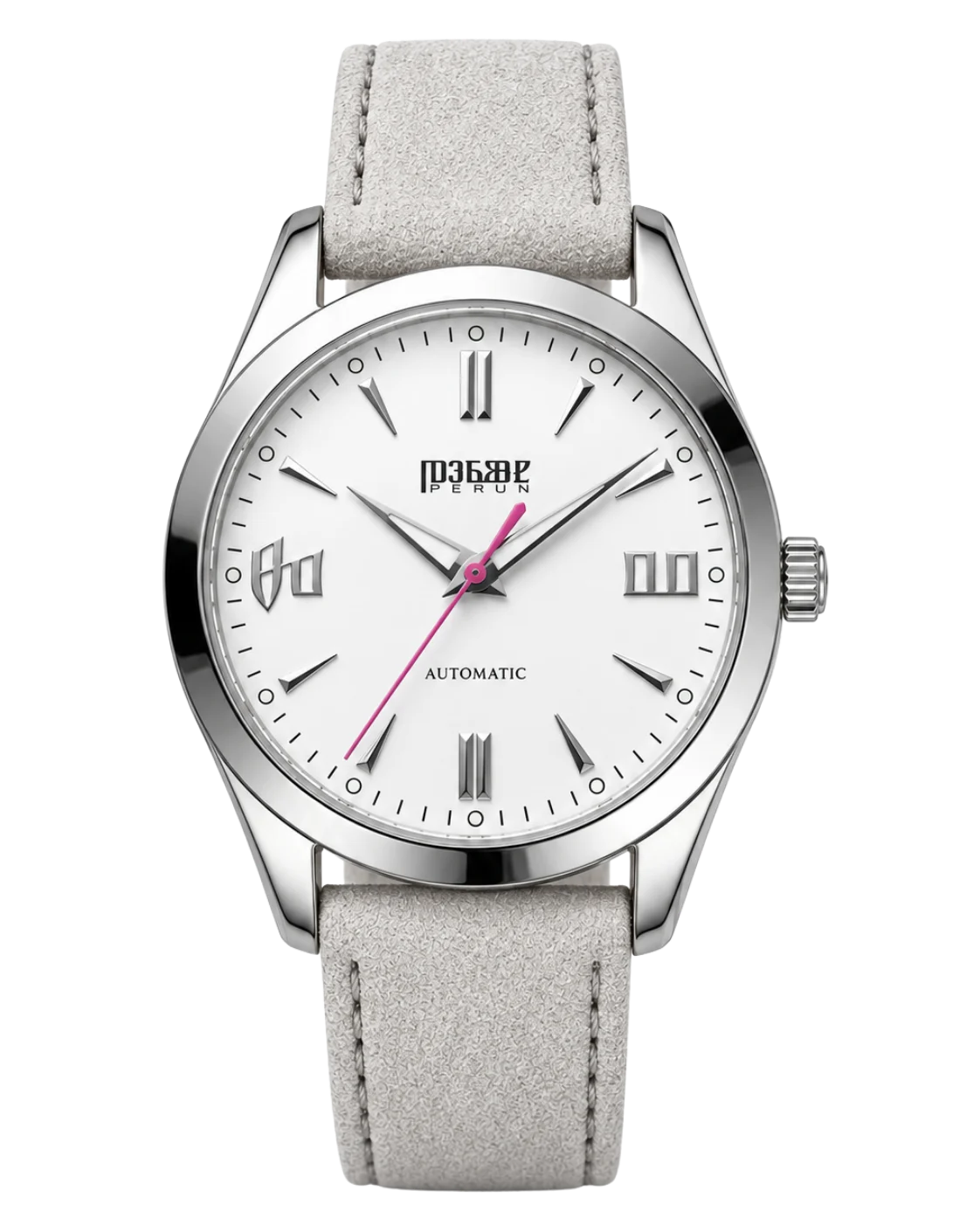 Knez Zora, white sunburst dial on a light grey suede strap