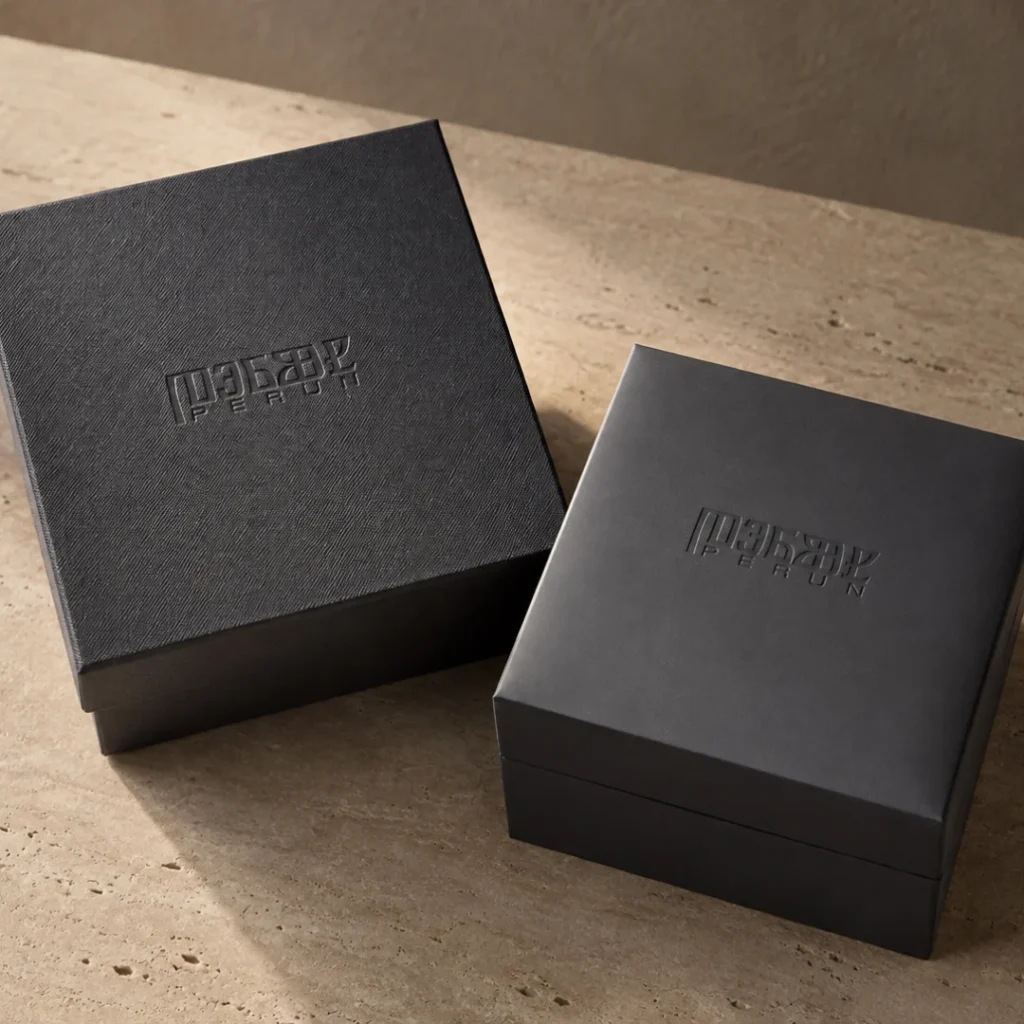 Two black Perun presentation boxes for the Knez watch on a stone surface