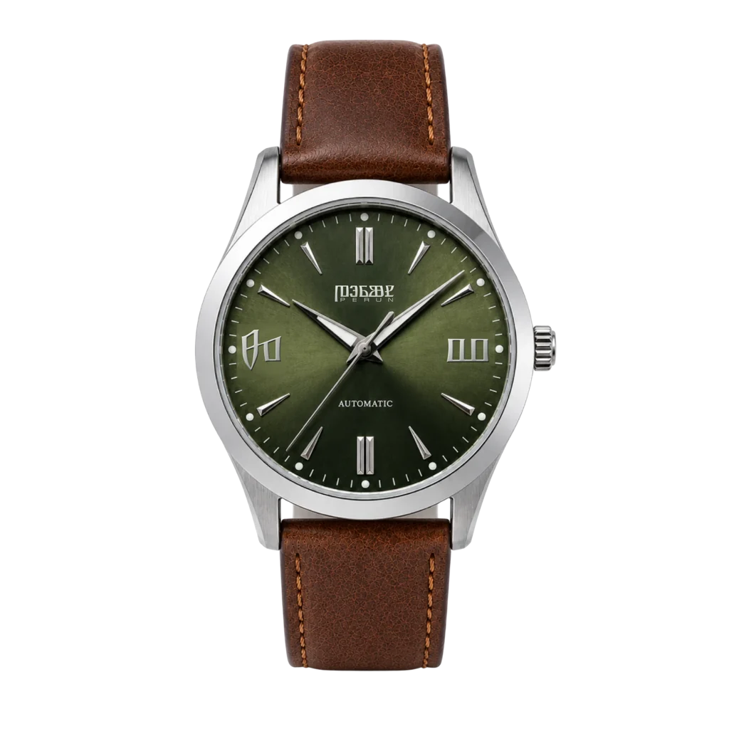 Knez Gaj, green dial on a dark brown leather strap