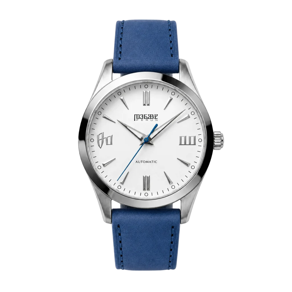 Knez Mraz, white dial on a marine blue leather strap