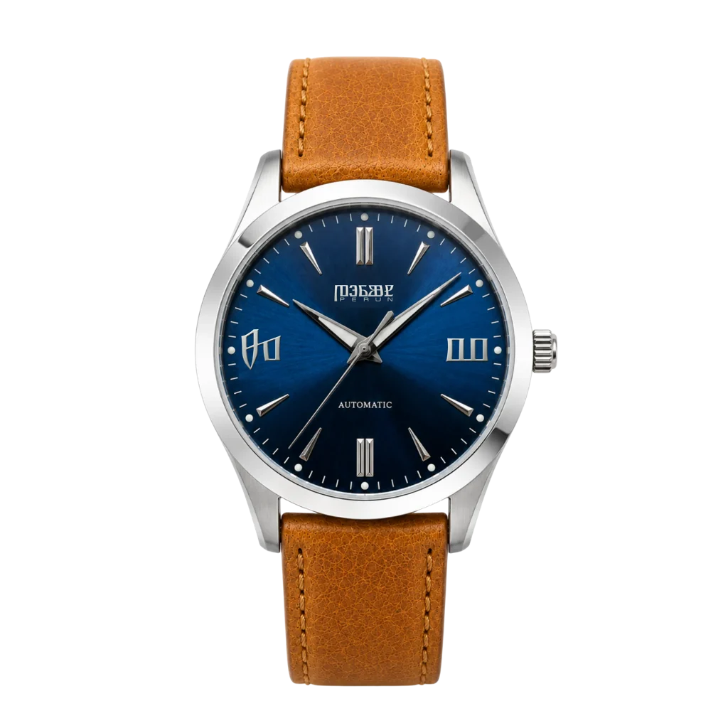 Knez Vir, blue sunburst dial on a cognac leather strap