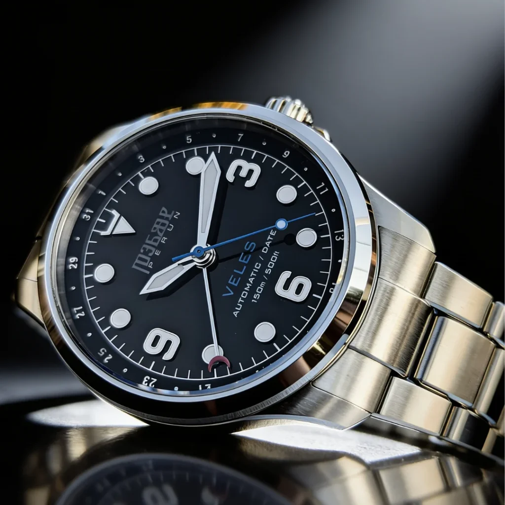 Veles Midnight Black on its steel bracelet, close-up